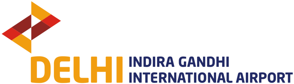 Indira Gandhi International Airport logo in orange and blue with geometric emblem and bold text, supporting airport connectivity and reinvention themes.