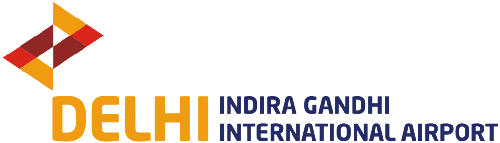 Indira Gandhi International Airport logo in orange and blue with geometric emblem and bold text, supporting airport connectivity and reinvention themes.