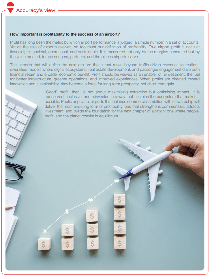A blue infographic for airport profitability with a hand moving an airplane over a rising chart of money cubes marked with $ signs.