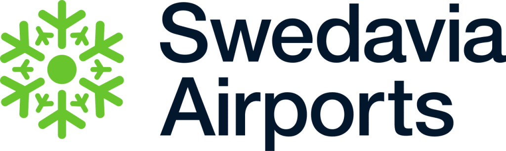 Swedavia logo with a green snowflake icon and dark blue Airports lettering, reflecting airport sustainability and green energy initiatives.