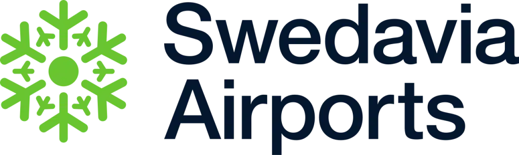 Swedavia logo with a green snowflake icon and dark blue Airports lettering, reflecting airport sustainability and green energy initiatives.